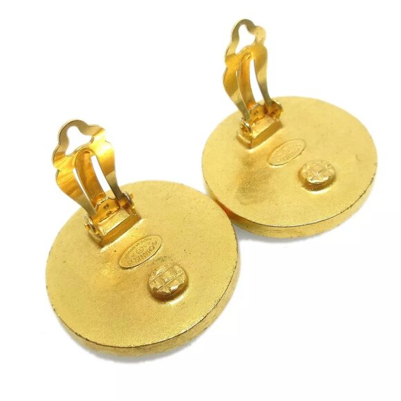 hanel Gripoix Button Earrings Gold Clip-On - Picture 3 of 5